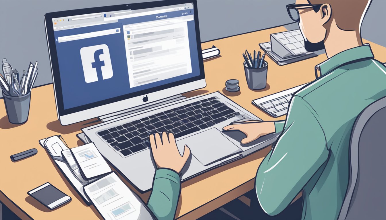 En person som sitter ved et skrivebord og skriver på en datamaskin med Facebook-grensesnittet åpent, med en "Be om tilgang og samarbeid"-knapp synlig