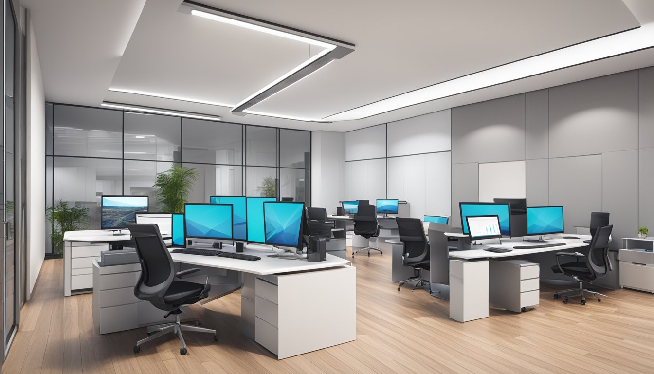 A modern office with sleek furniture and computers, displaying the Forvaltning av Forretningsprofiler meta businesssuite on the screens