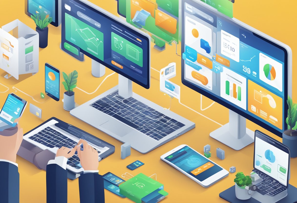 A bustling e-commerce platform with various trade activities and transactions happening simultaneously. Multiple digital devices and screens displaying sales data and customer interactions