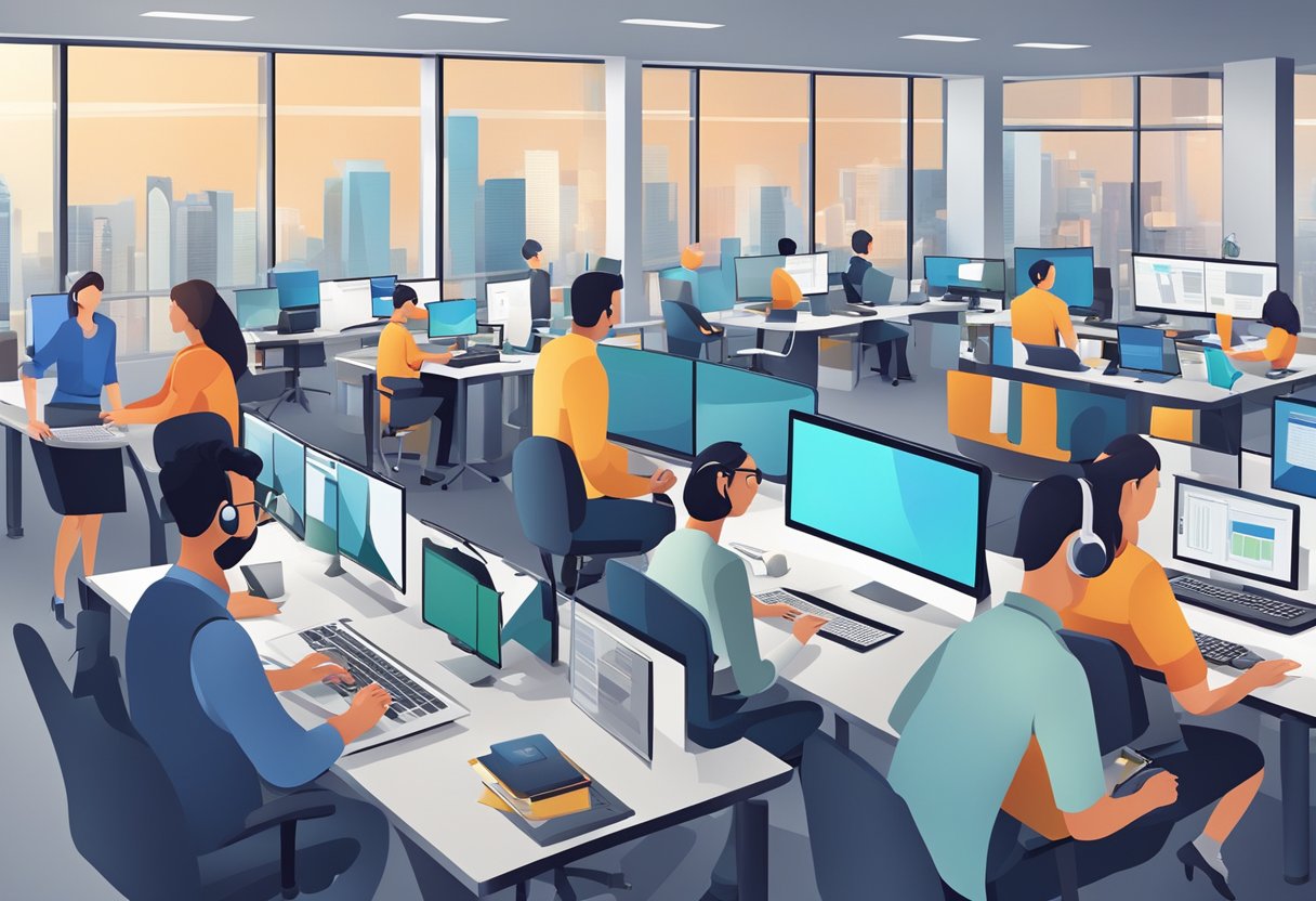 A group of people collaborating and working together in a modern office space with computers and communication tools