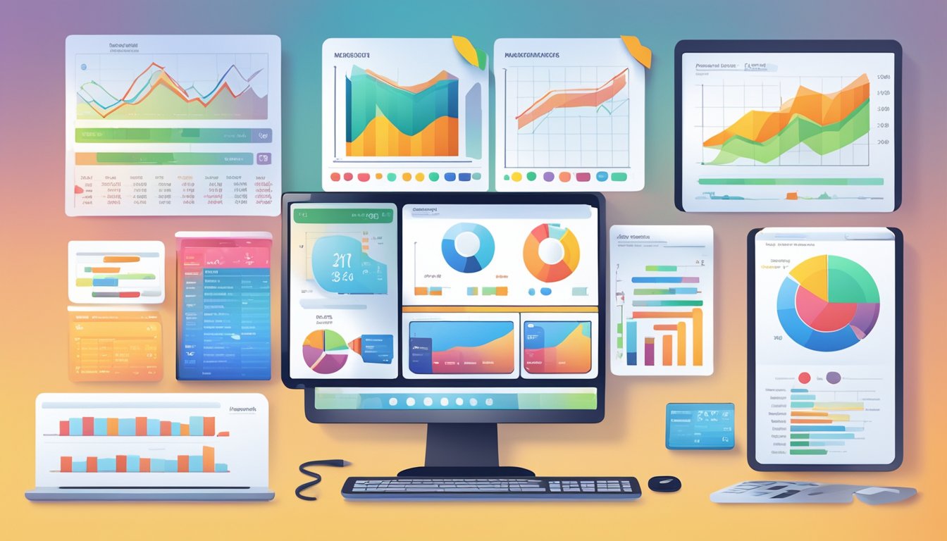 A computer screen displaying data charts and graphs with various marketing metrics for ad management and optimization