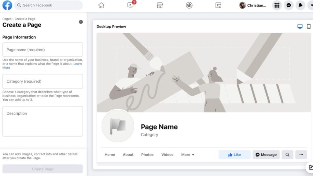 Screen shot of how to create a facebook business page.