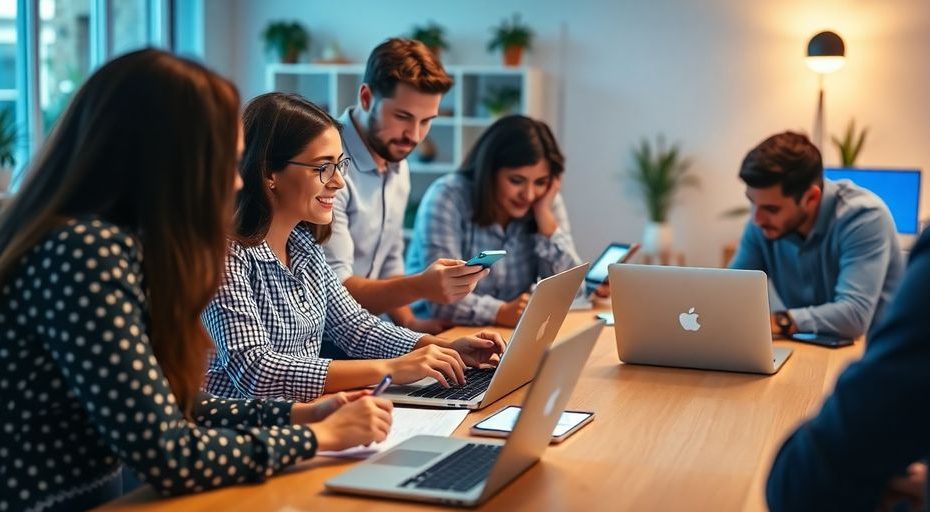 Markedsføringsfolk jobber sammen med digitale enheter.