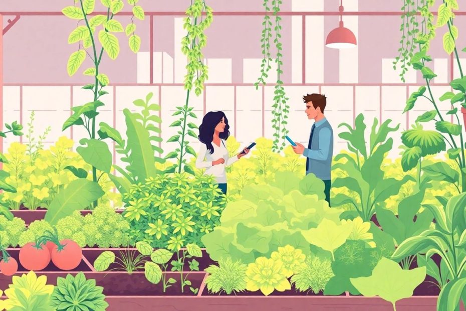 Næringshager med gründere i samarbeid og frodige planter.
