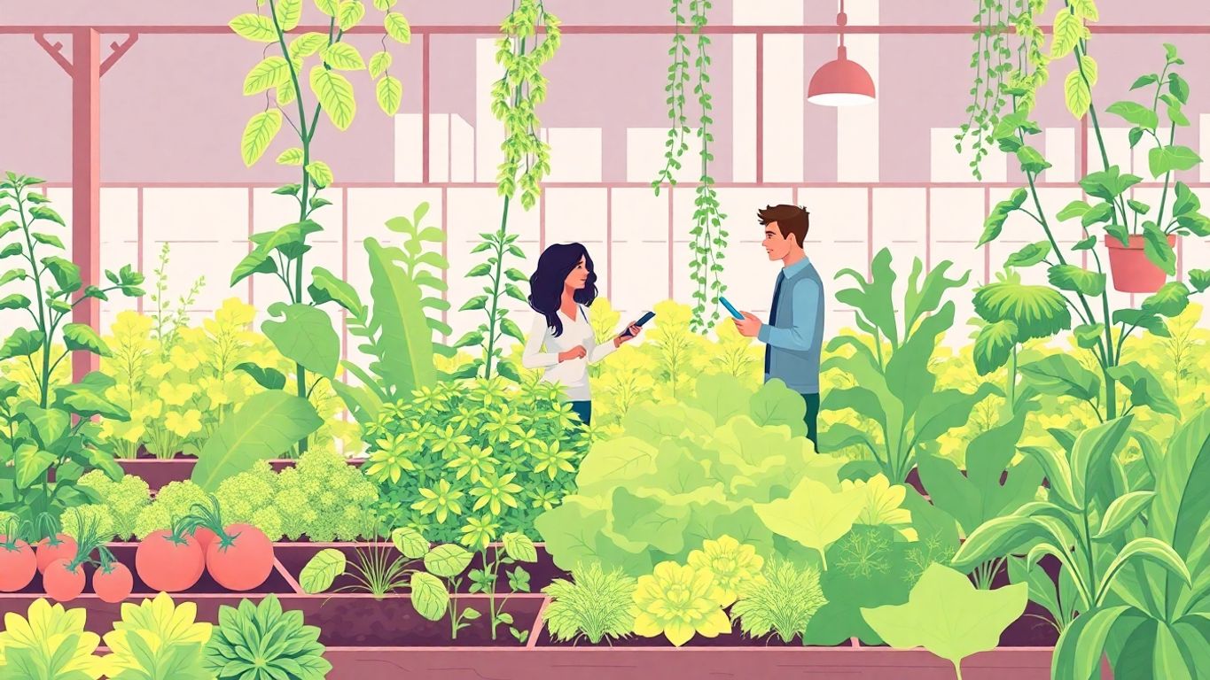 Næringshager med gründere i samarbeid og frodige planter.