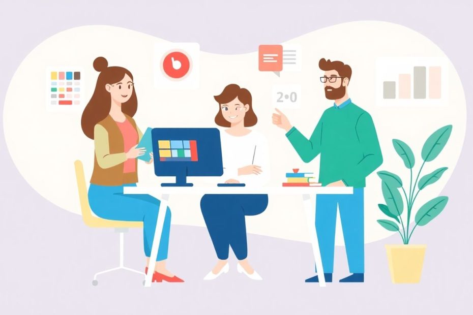 Illustrasjon av samarbeid med webdesigner.