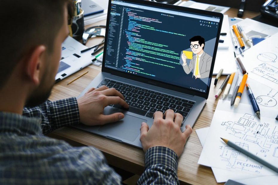 En webutvikler jobber med kode på en laptop.