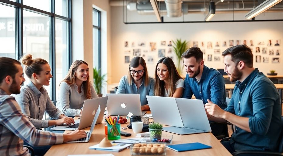 Markedsføringsbyråteam jobber med sosiale medier.