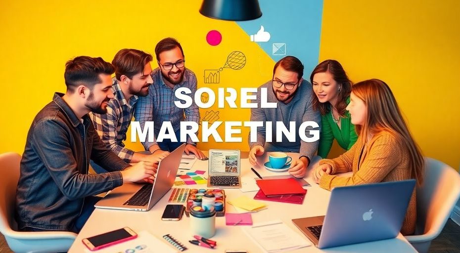 Markedsføringsteam som samarbeider om sosiale medier.