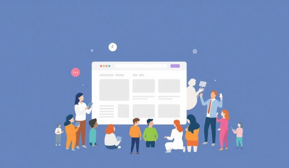 Moderne illustrasjon av en hjemmeside med kunder. {{brizy_dc_image_alt entityId=