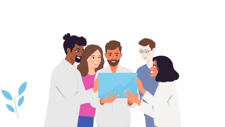 Illustrasjon av team som jobber sammen med teknologi. {{brizy_dc_image_alt entityId=