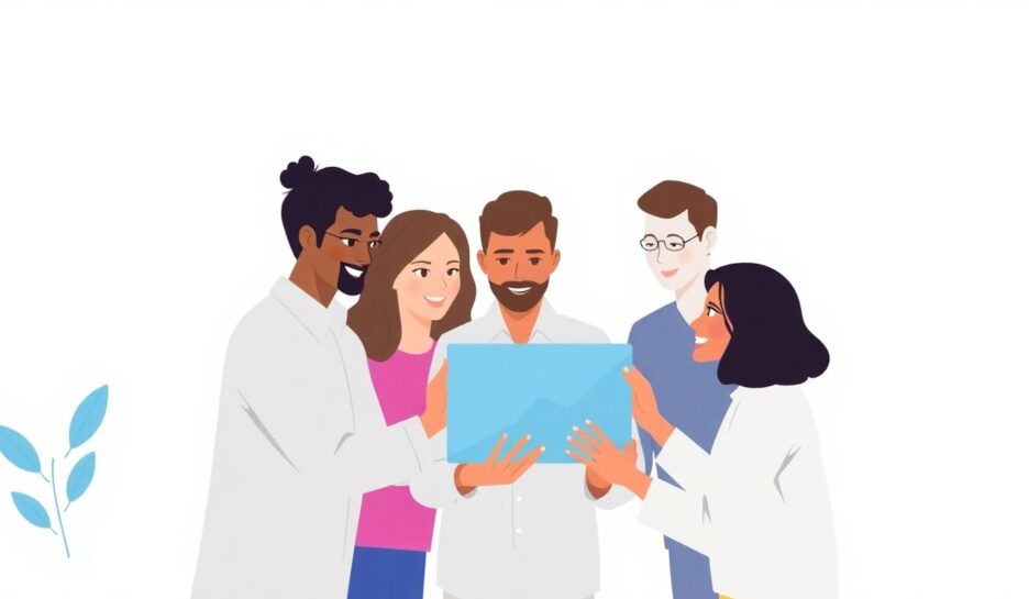 Illustrasjon av team som jobber sammen med teknologi. {{brizy_dc_image_alt entityId=