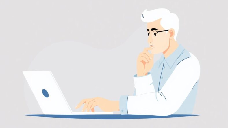 Illustrasjon av en liten bedriftseier med laptop.