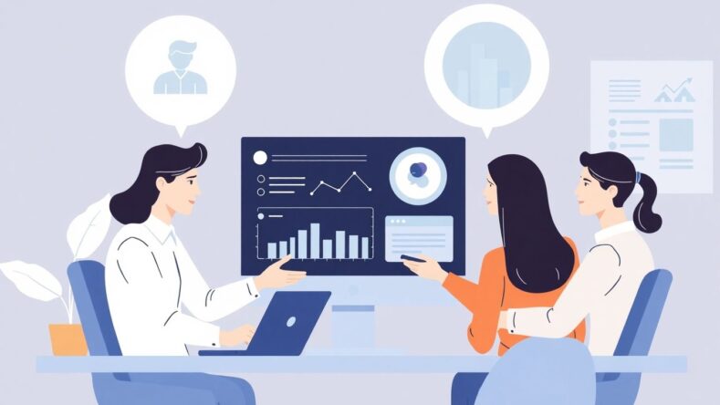 Illustrasjon av salgsteam som bruker CRM-system.