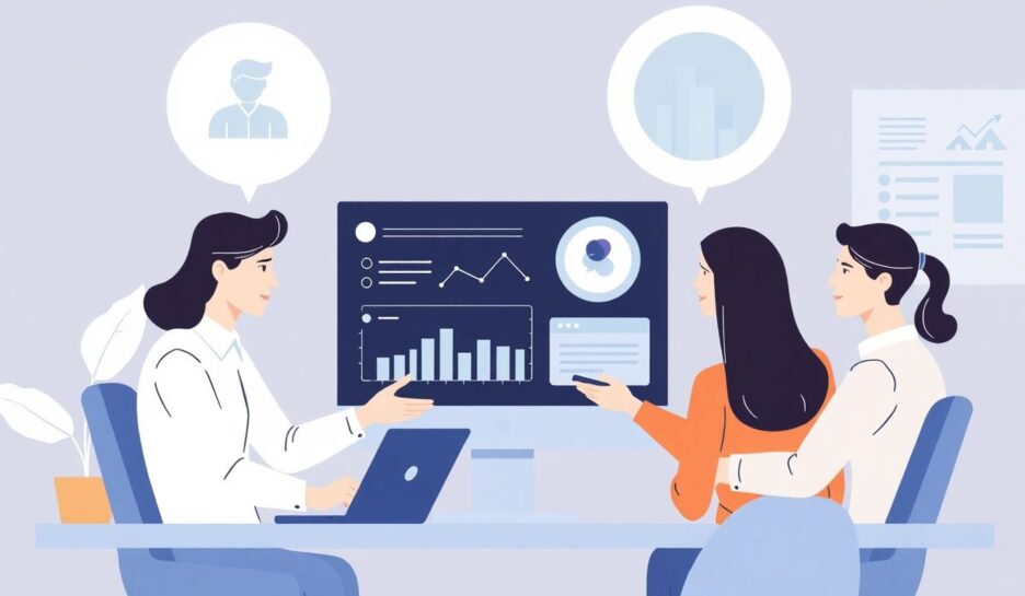 Illustrasjon av salgsteam som bruker CRM-system.