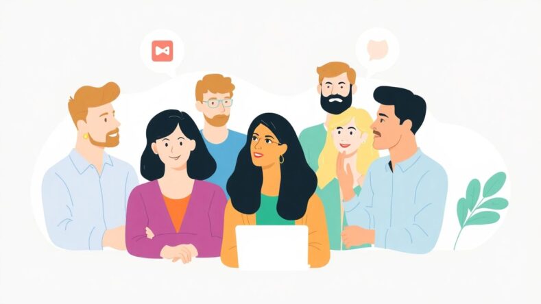 Illustrasjon av forskjellige personas i samarbeid.