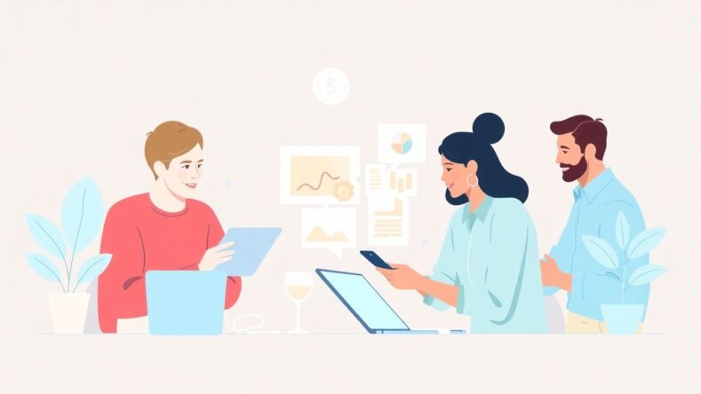 Illustrasjon av markedsføringsteam som samarbeider.