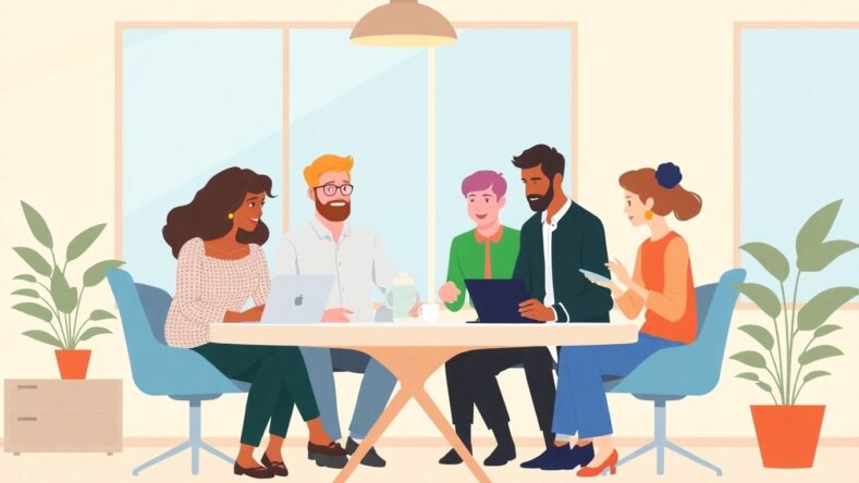 Gruppe av gründere som samarbeider i et lyst rom.