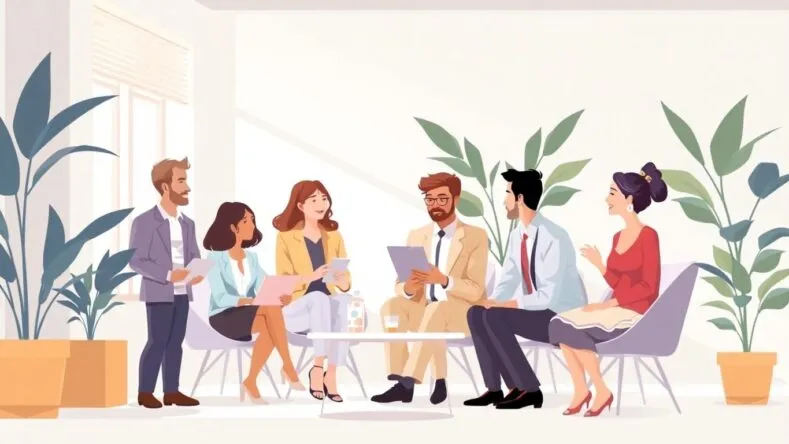 Illustrasjon av gründere i samarbeid i et kontorlandskap.