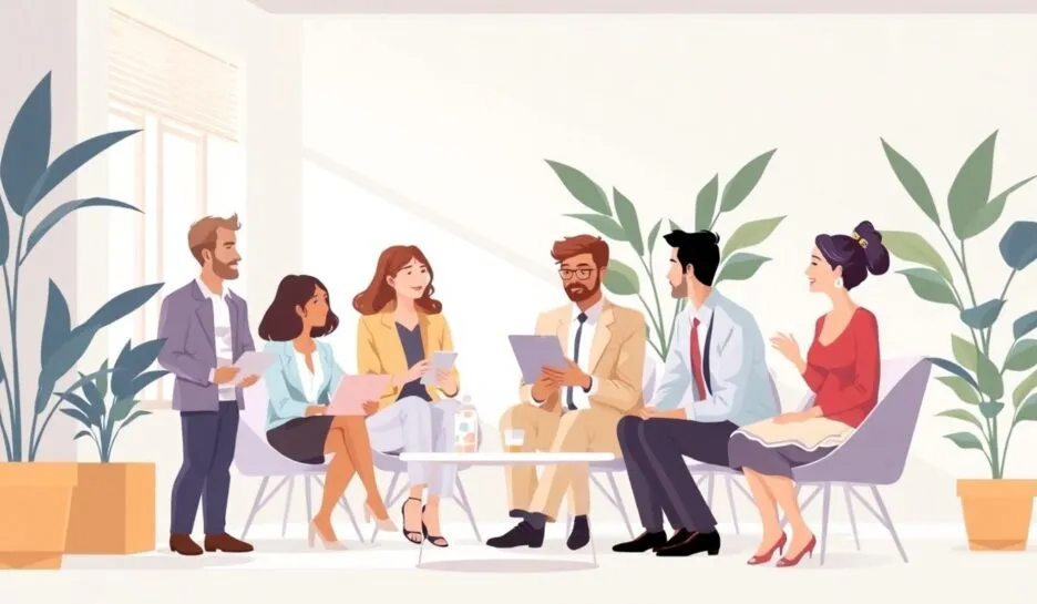 Illustrasjon av gründere i samarbeid i et kontorlandskap.