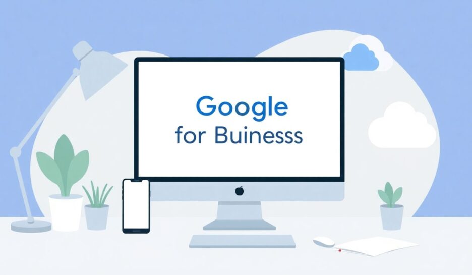 Illustrasjon av kontor med Google for Business verktøy. {{brizy_dc_image_alt entityId=
