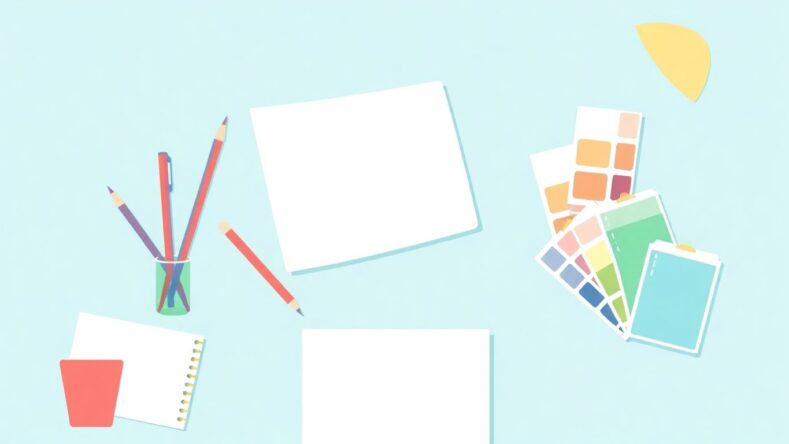 Kreativt arbeidsområde med designverktøy i myke farger.