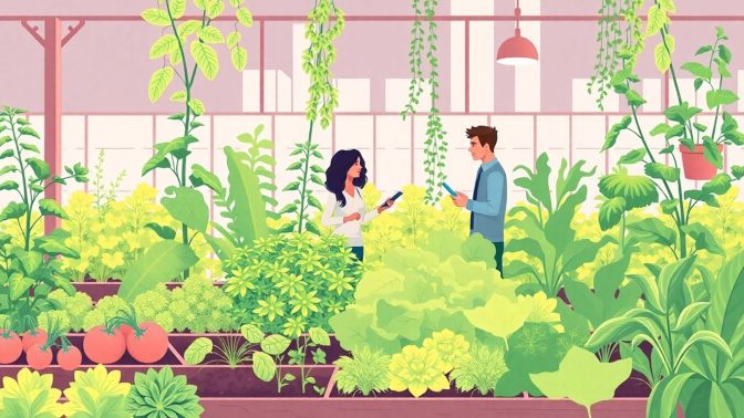 Næringshager med gründere i samarbeid og frodige planter.