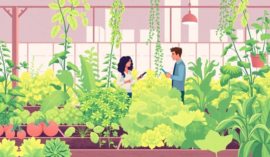 Næringshager med gründere i samarbeid og frodige planter. {{brizy_dc_image_alt entityId=