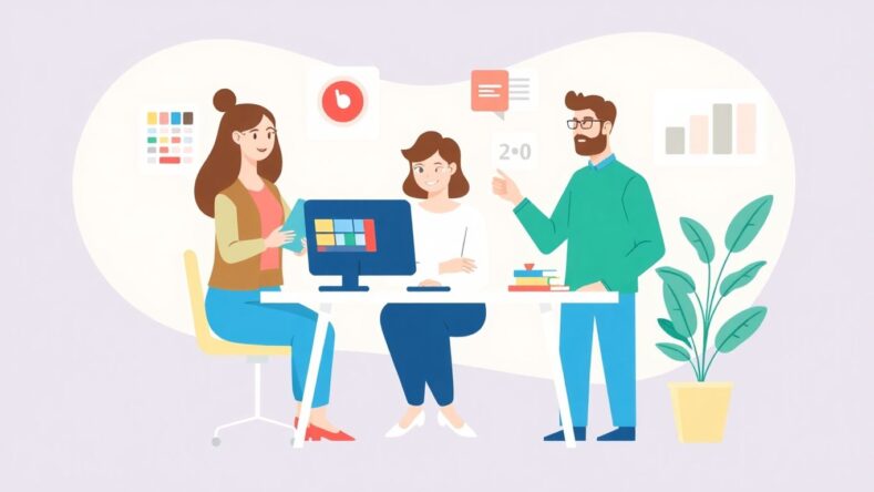 Illustrasjon av samarbeid med webdesigner.