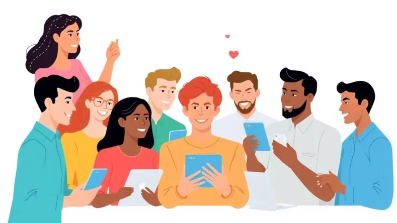 Illustrasjon av personer som bruker sosiale medier.