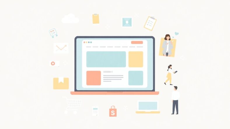 Illustrasjon av nettside med kunder og digitale enheter.