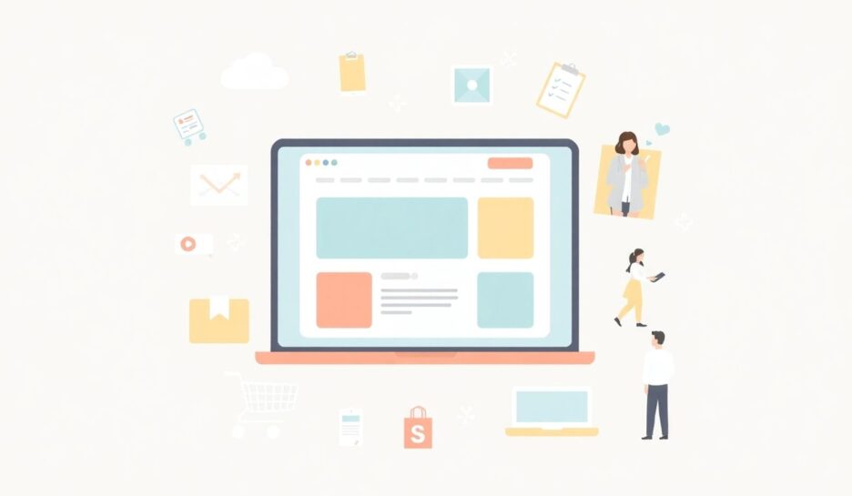 9aa3f598thumbnail Illustrasjon av nettside med kunder og digitale enheter.