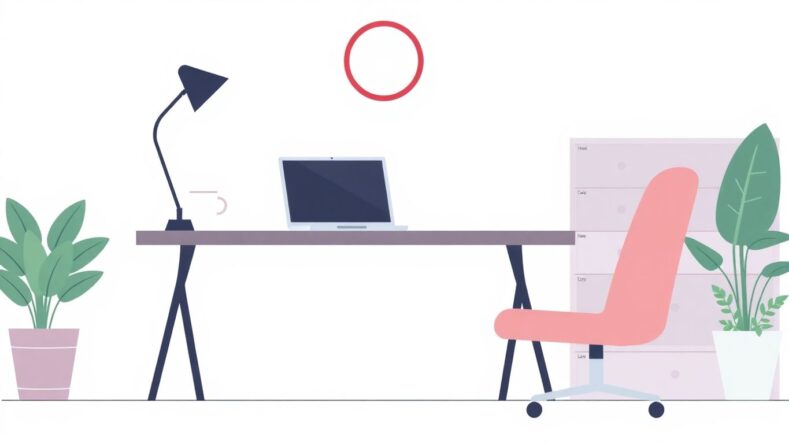 Illustrasjon av enkeltmannsforetak med skrivebord og laptop.