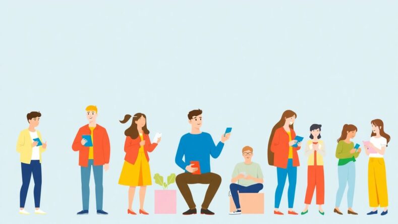 Illustrasjon av mennesker som interagerer med produkter.