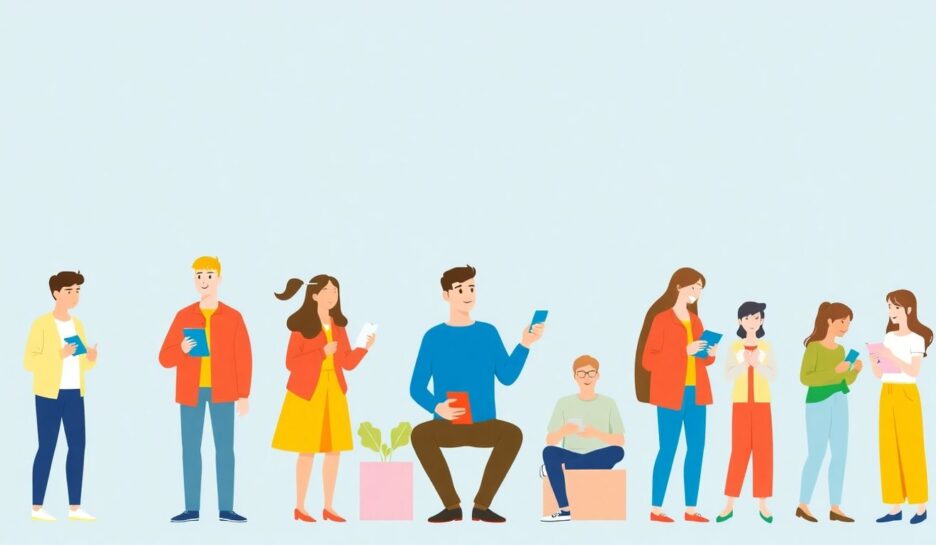 Illustrasjon av mennesker som interagerer med produkter.