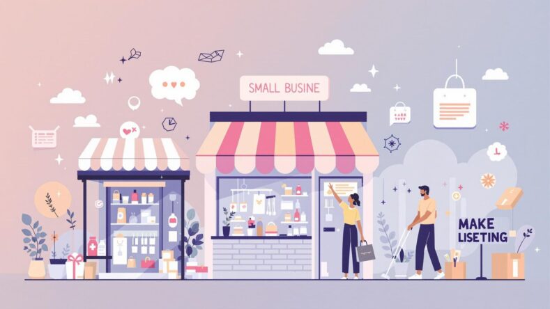 Illustrasjon av små bedrifter med vennlige kunder. {{brizy_dc_image_alt entityId=