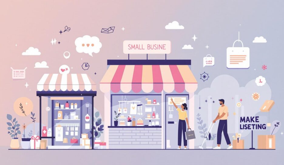 Illustrasjon av små bedrifter med vennlige kunder. {{brizy_dc_image_alt entityId=