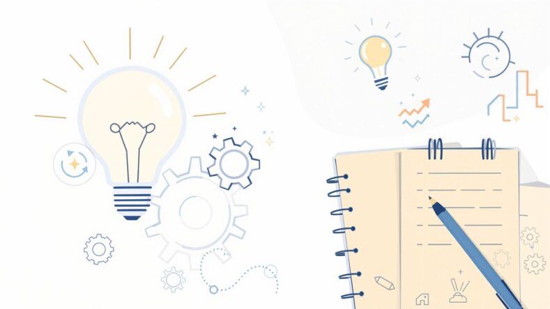 Illustrasjon av en lyspære og notatbok. {{brizy_dc_image_alt entityId=