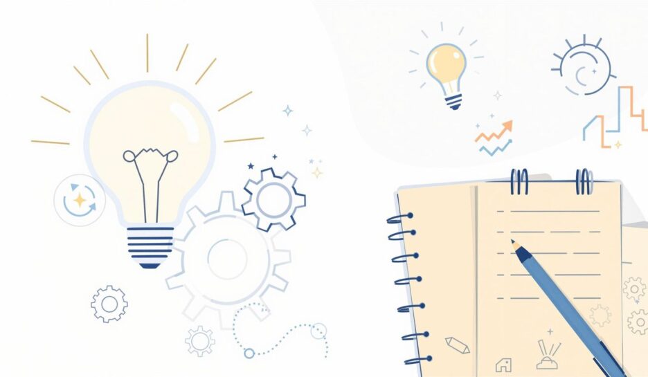 Illustrasjon av en lyspære og notatbok. {{brizy_dc_image_alt entityId=