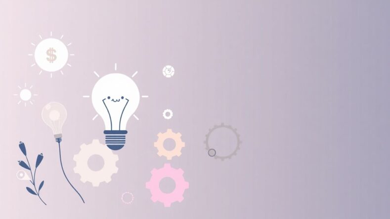 Illustrasjon av forretningsideer med lyspærer og gir. {{brizy_dc_image_alt entityId=
