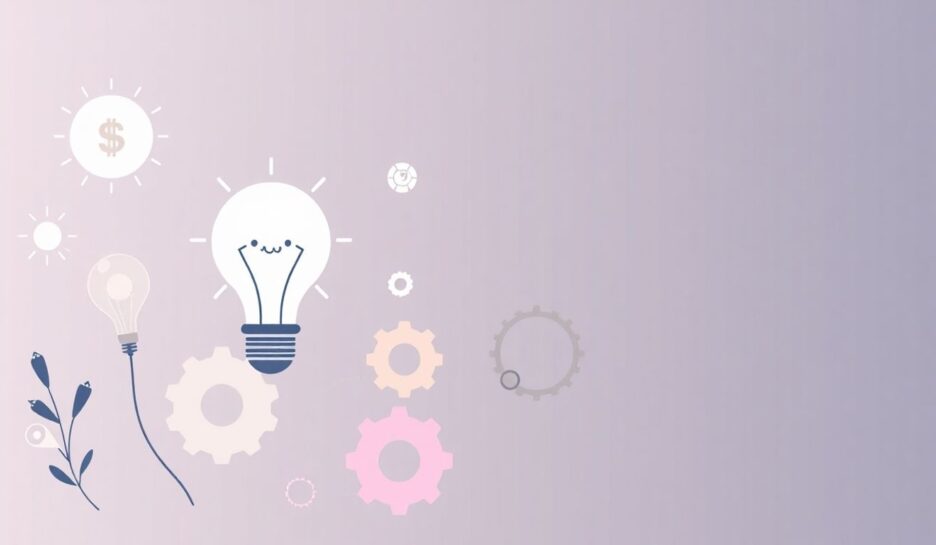 Illustrasjon av forretningsideer med lyspærer og gir. {{brizy_dc_image_alt entityId=