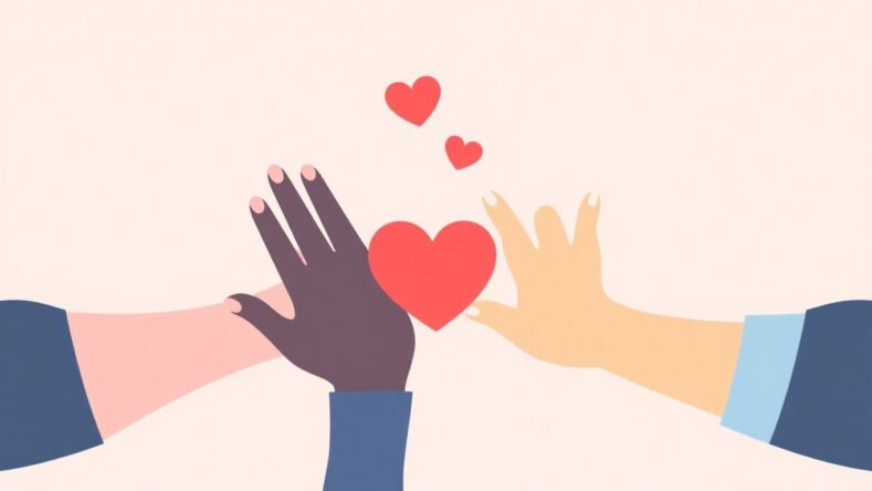 Illustrasjon av omsorgsfulle relasjoner med hender og hjerter. {{brizy_dc_image_alt entityId=