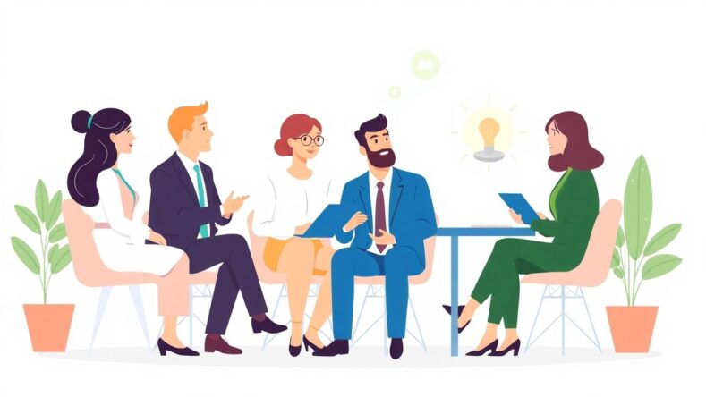 Illustrasjon av forretningsutvikling og samarbeid mellom fagfolk. {{brizy_dc_image_alt entityId=