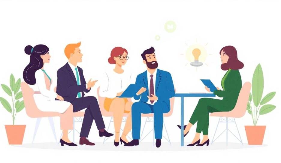 Illustrasjon av forretningsutvikling og samarbeid mellom fagfolk. {{brizy_dc_image_alt entityId=