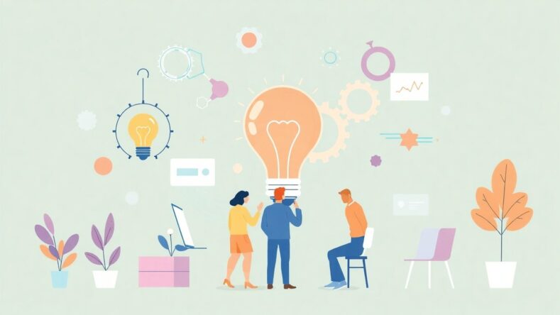 Illustrasjon av produktutvikling med moderne elementer.