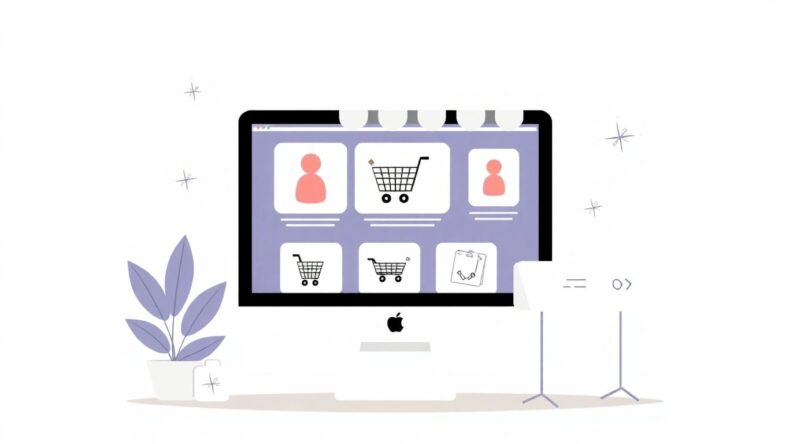 Illustrasjon av nettbutikkoppsett med moderne stil. {{brizy_dc_image_alt entityId=