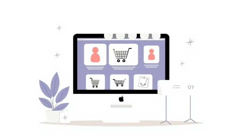 Illustrasjon av nettbutikkoppsett med moderne stil.