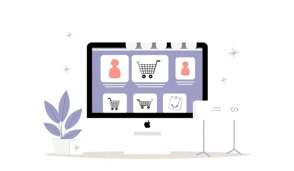 Illustrasjon av nettbutikkoppsett med moderne stil.